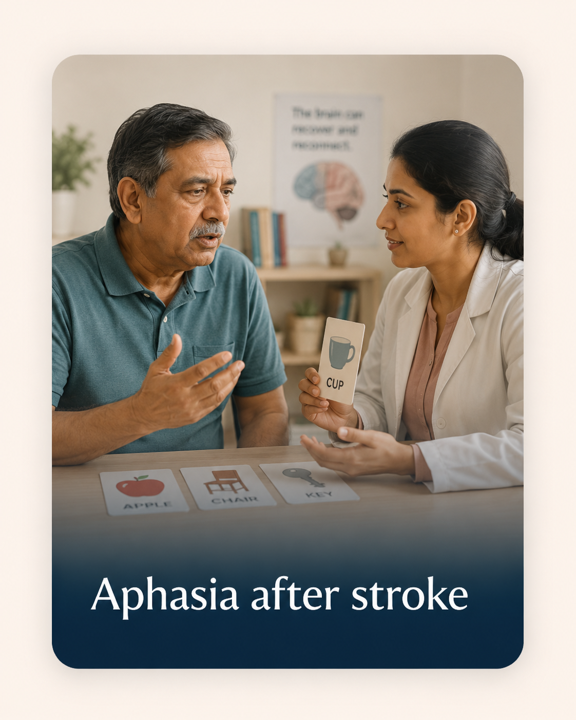 Adult aphasia rehabilitation session with picture cards