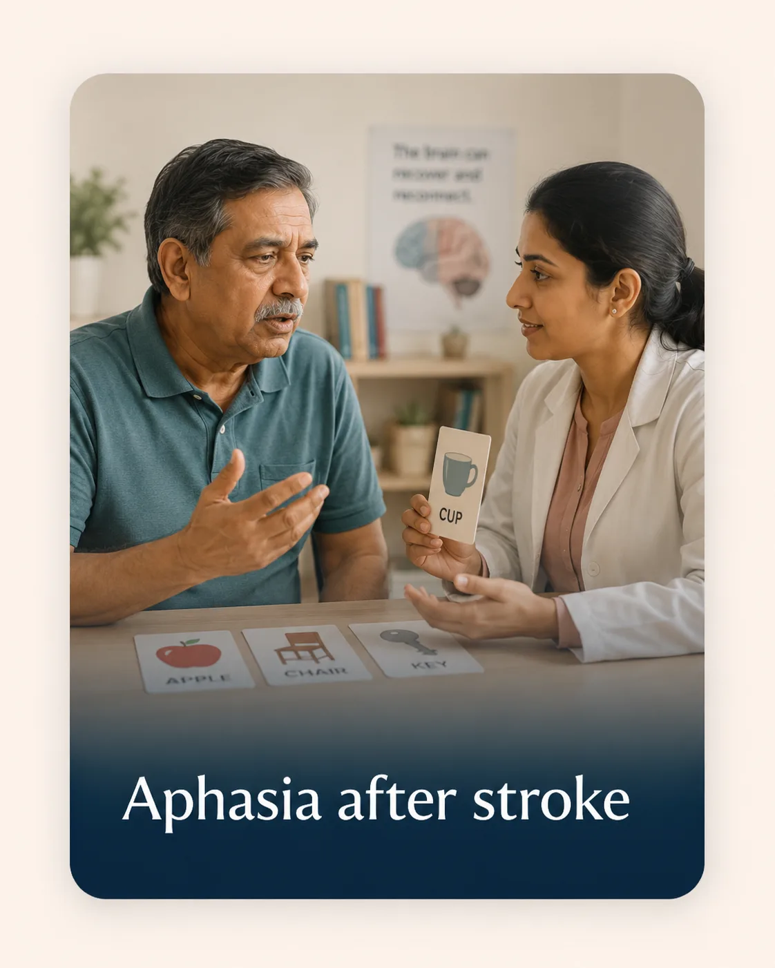 Adult aphasia rehabilitation session with picture cards