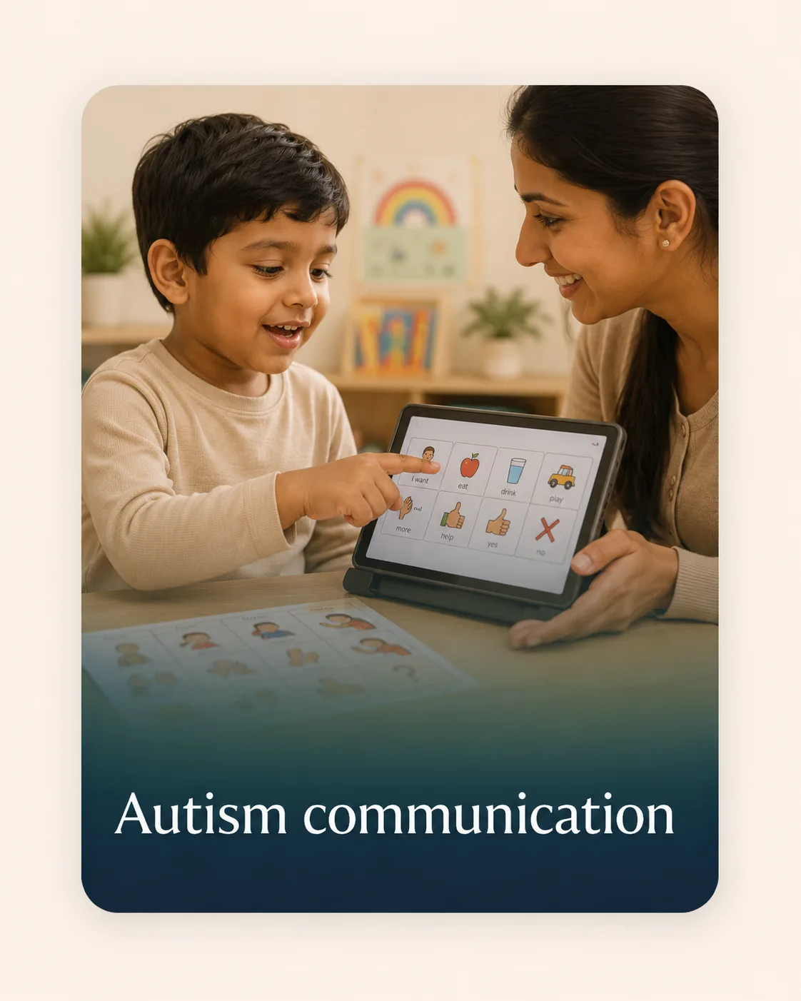 Child using AAC communication support with a caregiver