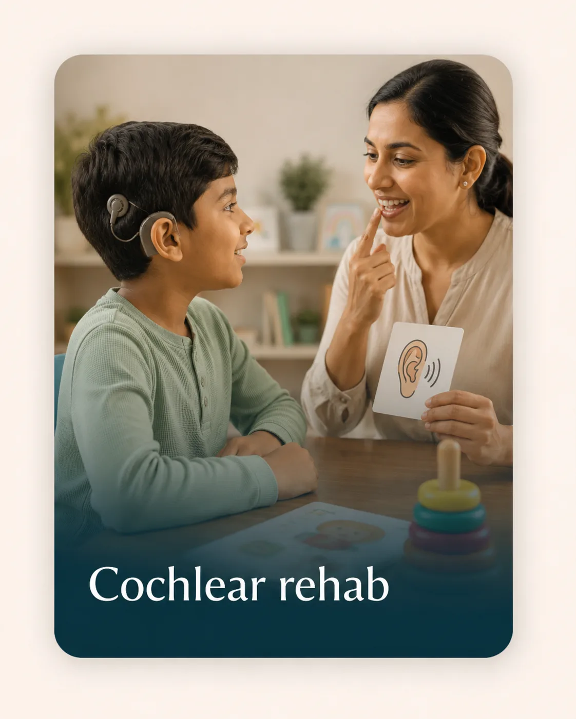 Child with cochlear implant in auditory rehabilitation therapy