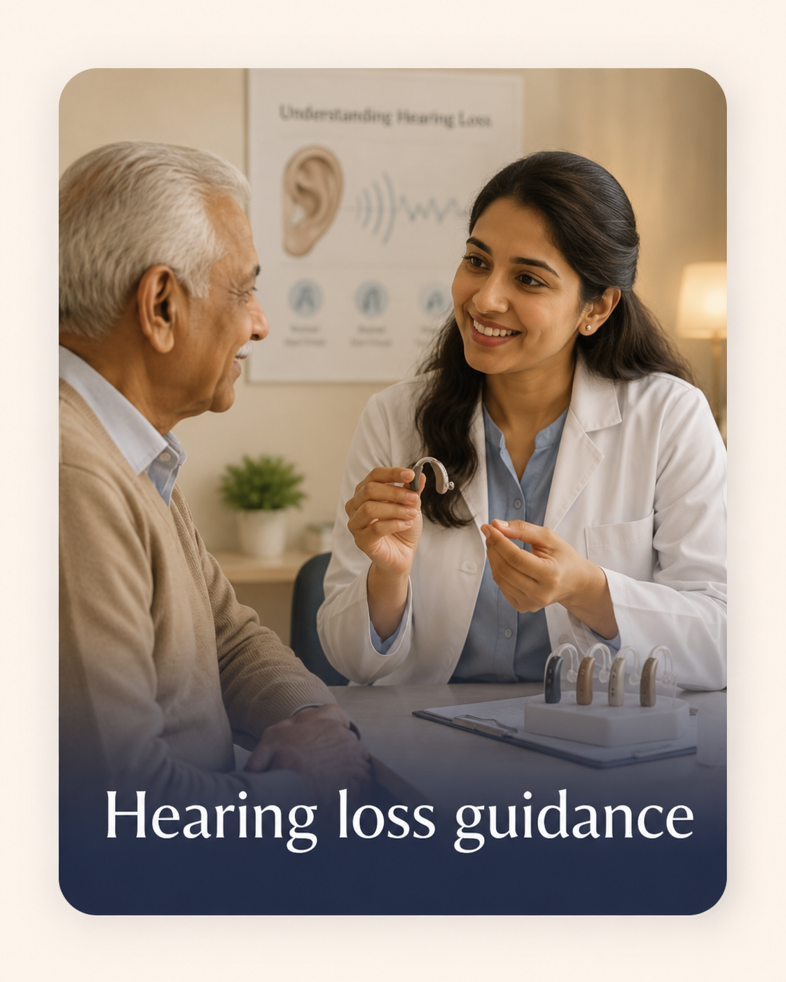 Audiologist explaining hearing aid options to an older adult