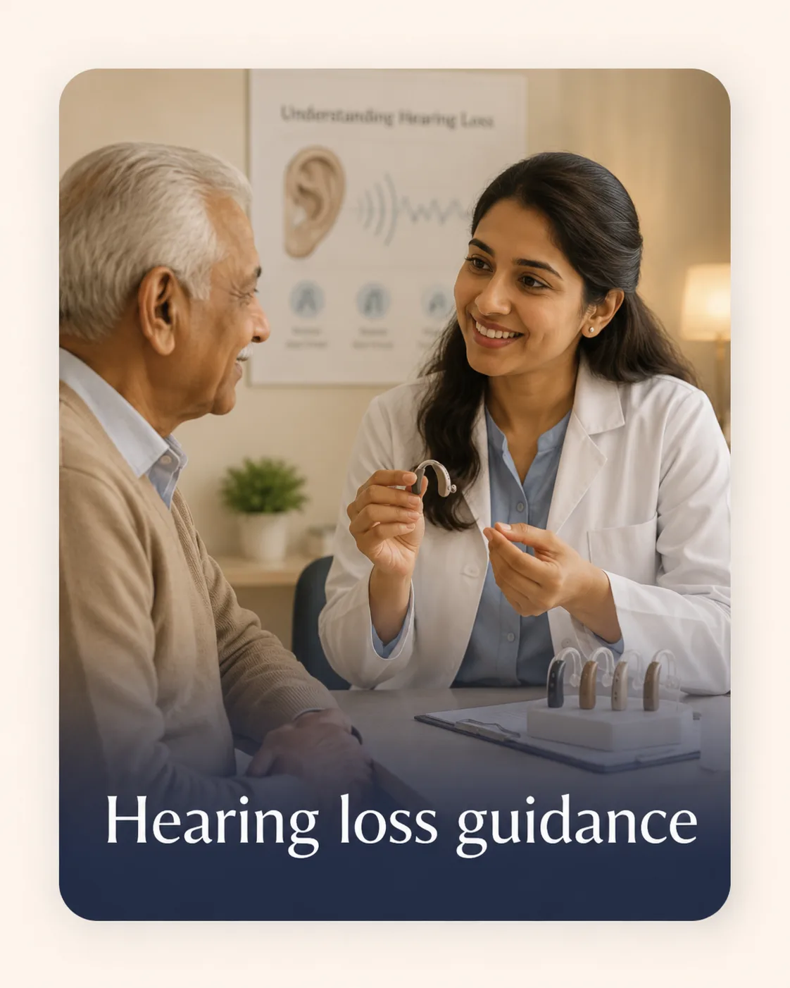 Audiologist explaining hearing aid options to an older adult