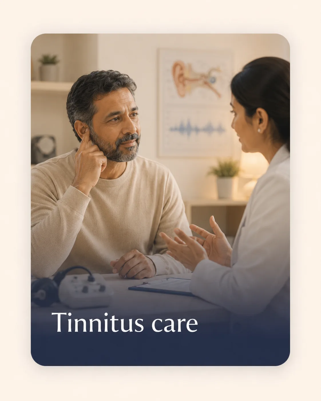 Adult discussing tinnitus symptoms with an audiologist